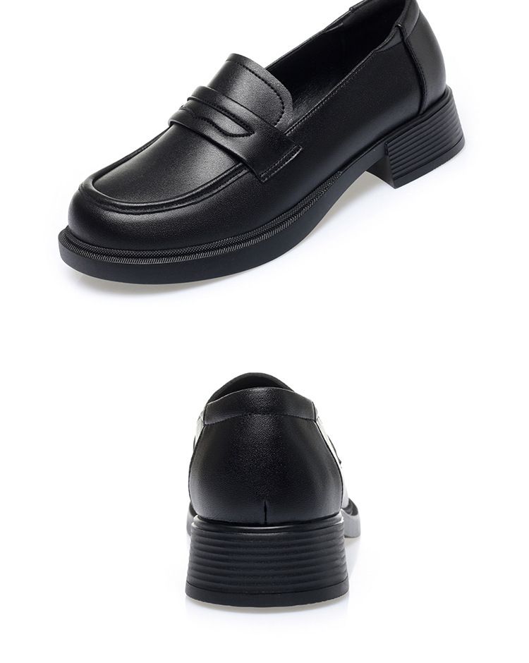 Zwarte leren loafers voor dames, platte dikke hak, comfortabele schoenen met zachte zool, grote maten damesschoenen_voghion.com