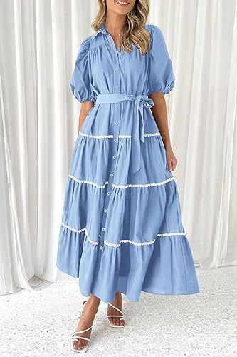 Abito camicia a maniche corte con pieghe a strati in pizzo con maniche a sbuffo da donna_voghion.com