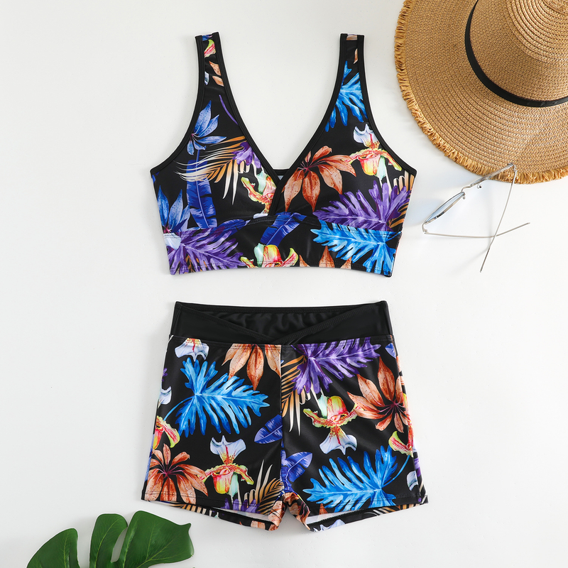 2024 New Printed Skirt Conservative Women's Split High Waist Tankini Swimsuit_voghion.com