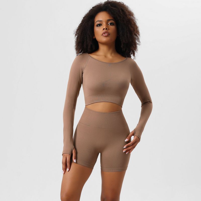 Yogatøj Efterårsdragt Sømløse yogabukser sportstoppe yogatop lange ærmer tredelt fitnesstøj_voghion.com