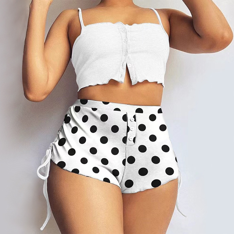 Conjunto de shorts suspensores com botão estampado e peito aberto para meninas que podem ser usados ao ar livre com alças e pijamas femininos elásticos_voghion.com