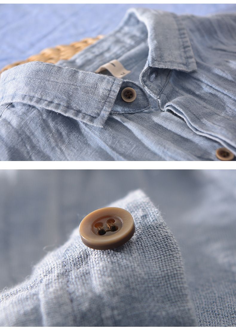 Abbigliamento da uomo, camicia a maniche corte in 100% cotone e lino, casual e traspirante, in lino, sottile, a mezza manica, con risvolto._voghion.com