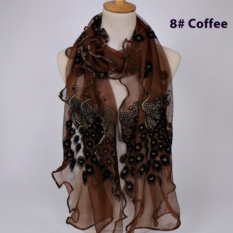 Peacock Plush Breathable Long Scarf With Gold Foil And Lace Edging For Women_voghion.com