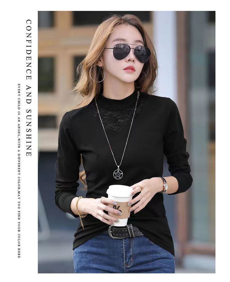 Jesenska in zimska čipkasta majica s toplim spodnjim delom za ženske, nova modna temperamentna, ozka, z dolgimi rokavi iz žameta_voghion.com