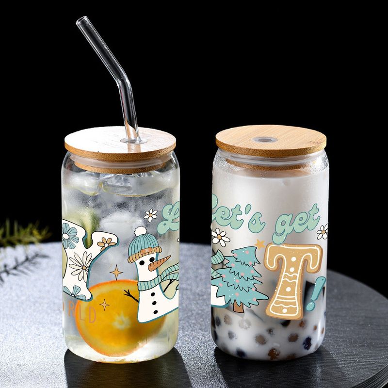 Szklany kubek świąteczny premium z bambusową pokrywką i słomką – ekologiczny, szczelny, pojemność 16 uncji – idealny na prezent, do biura i domu (zestaw 2 szt.)_voghion.com