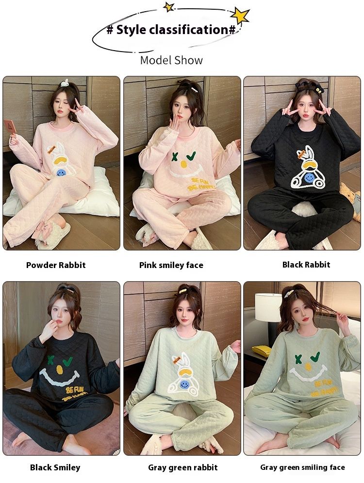 cotton sandwich pajamas women, sweet cartoon long sleeved pants autumn and winter, plus size 230 pounds home_voghion.com