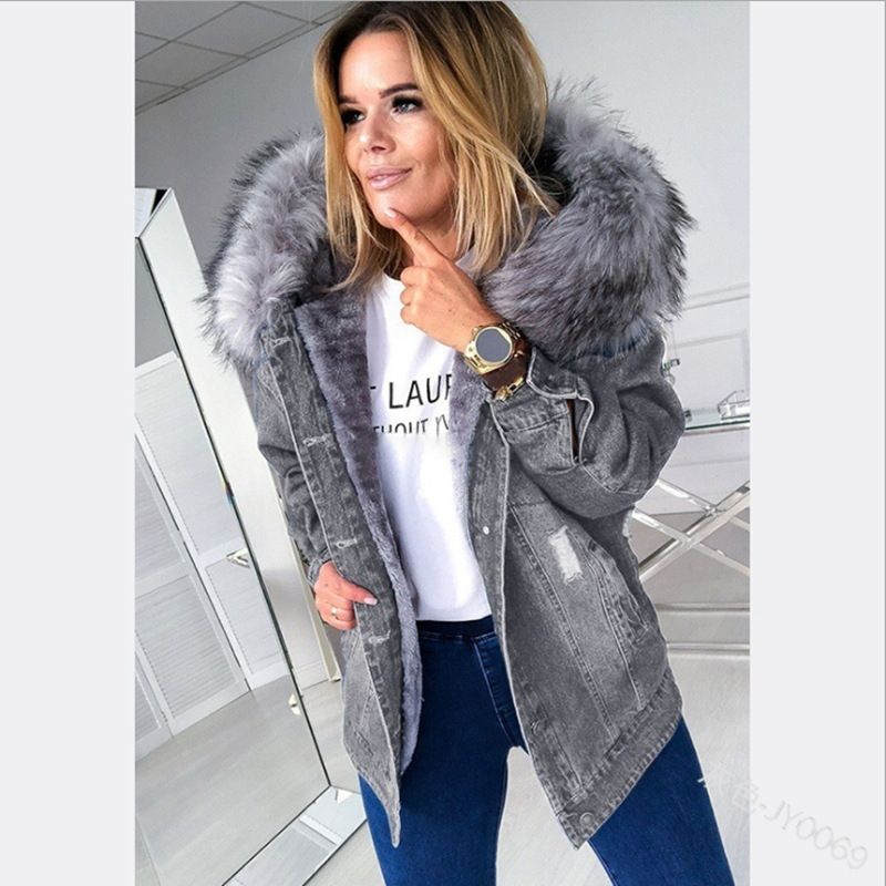 Giacca in denim con collo in pelliccia grande, lunghezza media, per autunno e inverno, in vendita calda, transfrontaliera europea e americana_voghion.com
