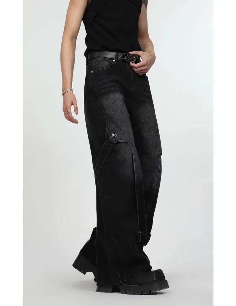 Jeans da uomo con cuciture decostruite, lavati, vintage, stile high street americano, con decorazione in metallo, gamba dritta_voghion.com