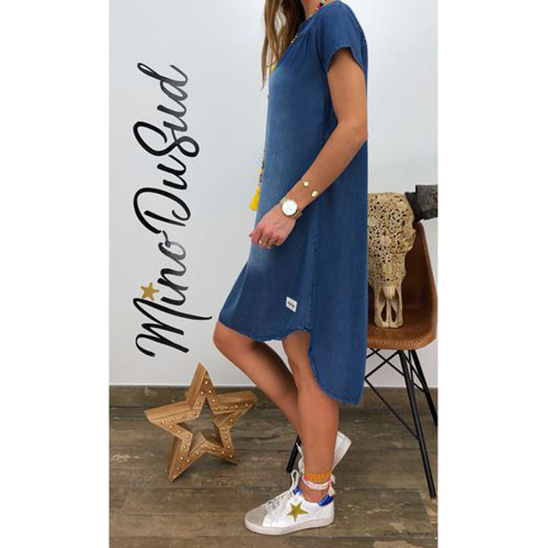 Lässiges, einfarbiges, kurzärmeliges Jeanskleid mit V-Ausschnitt für Damen_voghion.com