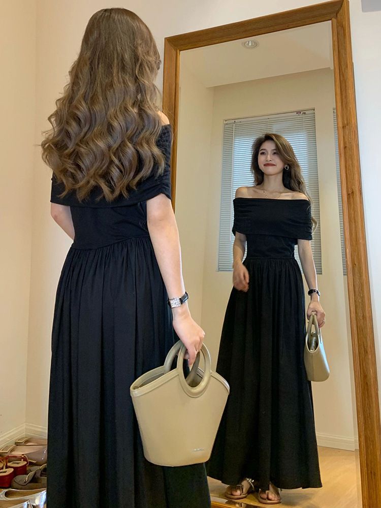 668#Two-Way Wear Schwarz Für Frauen 2025 High-End Elegante Off-Shoulder Taille-Cinching Lange Rohr Kleid_voghion.com