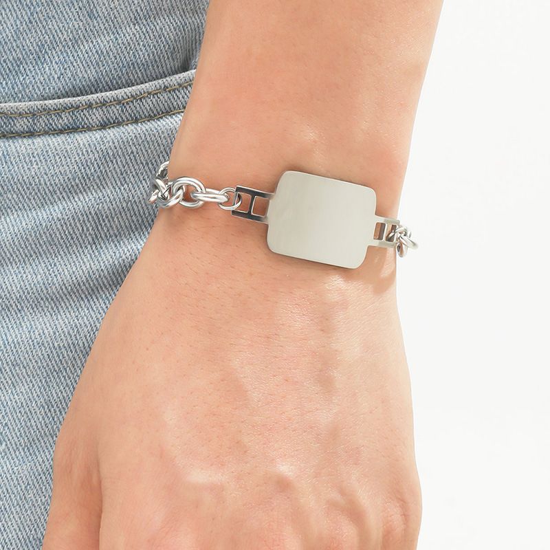 Bracciale alla moda semplice in acciaio al titanio con catena cubana per uomo, con etichetta quadrata geometrica, stile hip hop, resistente allo sbiadimento_voghion.com