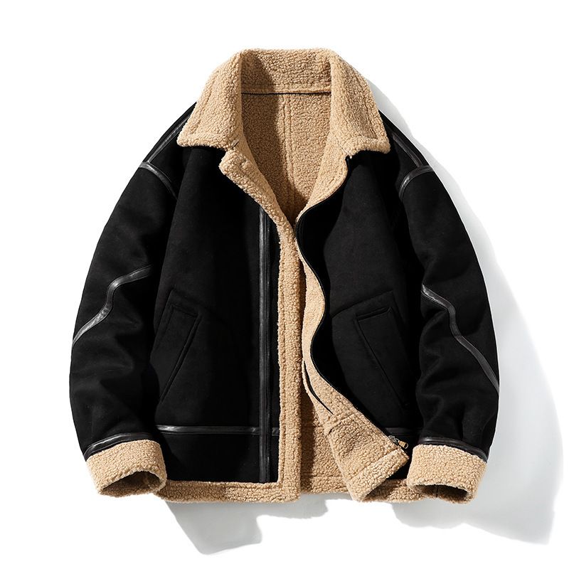 Suède heren trendy merk fleece gevoerde dikke schapenvacht jas losse pasvorm grote maat omslagkraag buiten katoen_voghion.com
