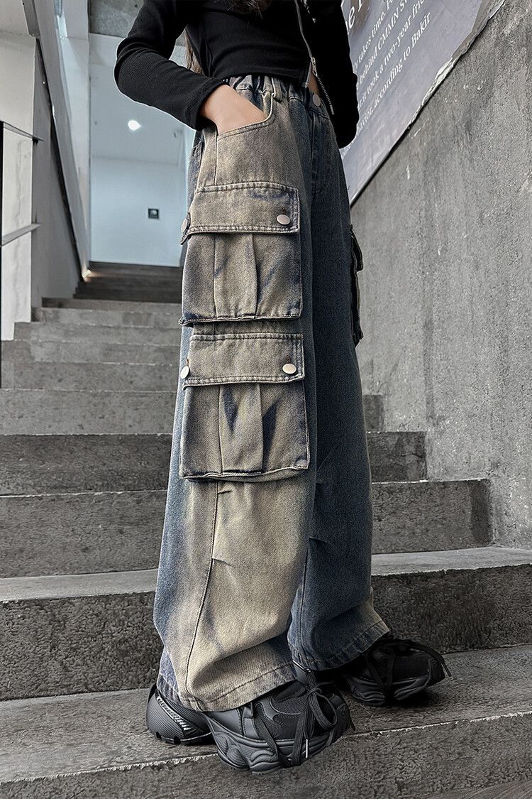 Jeans in denim effetto used per bambini, con tasche multiple, adatti a mamma e bambini - Streetwear comodo, elasticizzato ed elegante (blu, 120-170 cm)_voghion.com