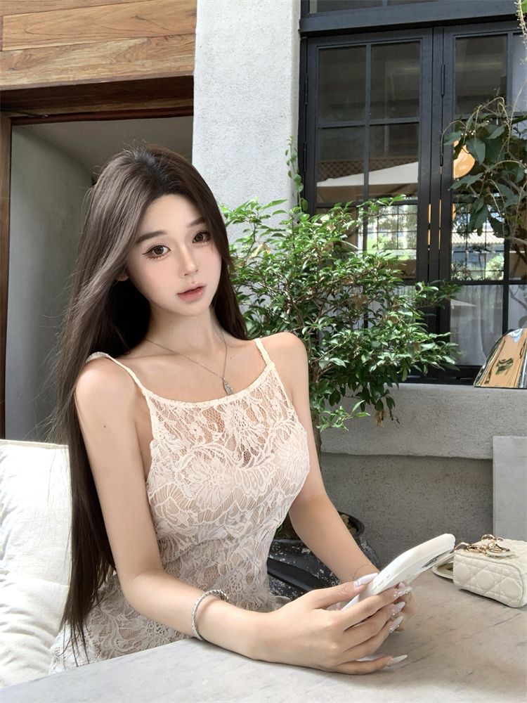 Padded Pure Desire Camisole For Women, Summer Slim Waist Lace Dress, Designed White Bodycon Long Dress_voghion.com