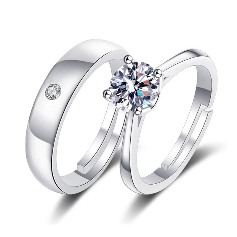 Pronto Stock Semplice Argento Colore Moda Coppia Anelli di Nozze Zirconia Cubica Eternity Band Gioielli Regalo per San Valentino_voghion.com