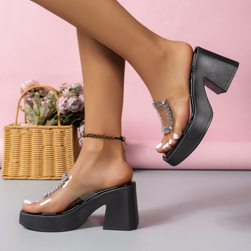 2024 Foreign Trade Spring And Sum Square Head Rhinestone Thick Heel High Heel Large Size Flip Flops European And American Large Size Sandals Wholesale_voghion.com