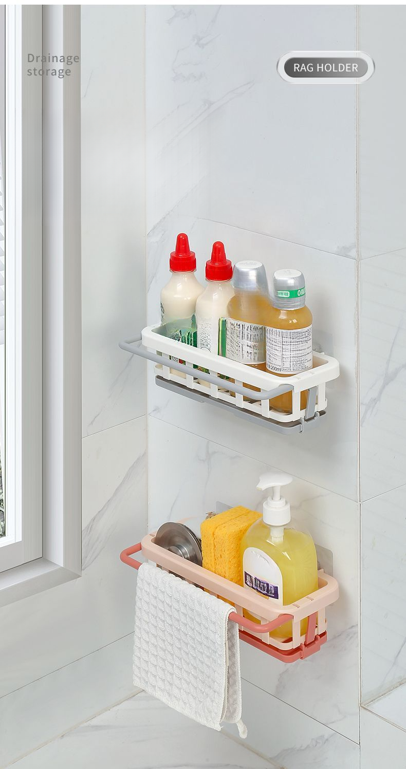 Kitchen Storage No-Drill Wall-Mounted Miscellaneous Organizer Multi-Functional Draining Spice Rack Sink Artifact_voghion.com