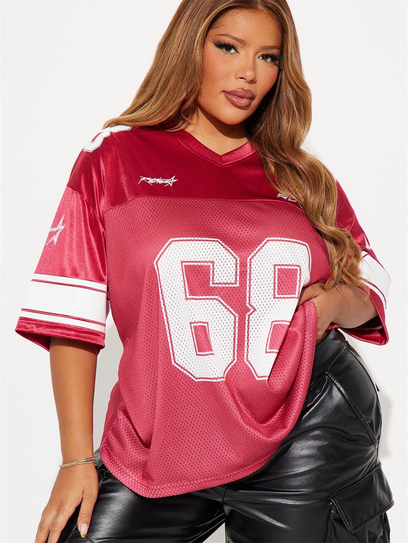 Dameskleding Splicing Letter Printing Losse Sport Stijl Jersey Korte Mouw T-shirt_voghion.com