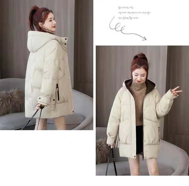 Mit Baumwolle gepolsterte mittellange koreanische Version der Parker-Studentenbrot-Daunenjacke für Damen, locker und trendig hoch_voghion.com