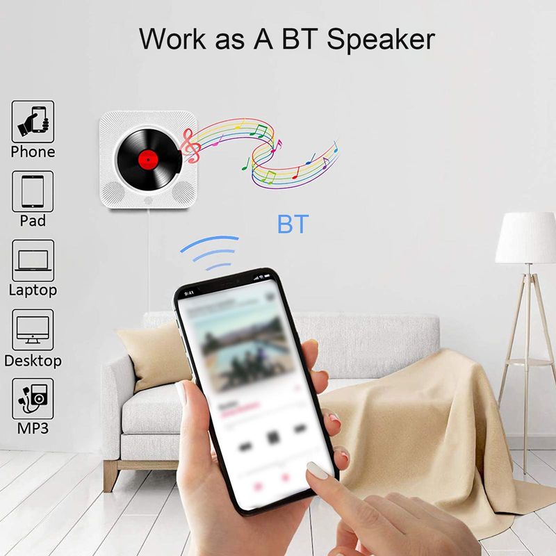 Bærbar CD-afspiller Bluetooth-højttaler Stereo CD-afspillere LED-skærm Vægmonterbar CD-musikafspiller med IR-fjernbetjening FM-radio_voghion.com