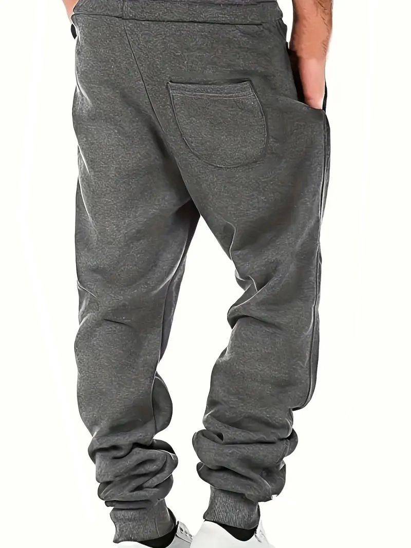 Pantalon de jogging décontracté pour homme avec étiquette en cuir – Pantalon de survêtement doublé polaire polyester pour l'hiver, poignets élastiques, coupe décontractée, couleur unie_voghion.com