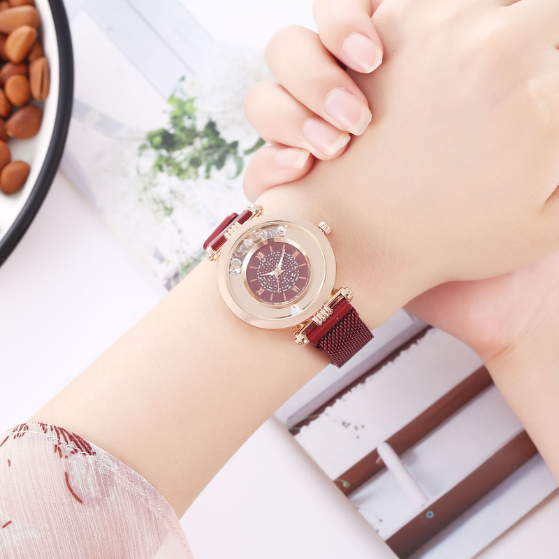 Cost performance full diamond ball quicksand women's mesh quartz ultra-thin Roman digital magnet watch_voghion.com
