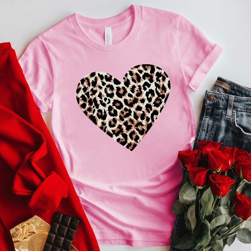 Valentine's Day short-sleeved large size couple T-shirts women's tops leopard print love print tops t-shirts for women_voghion.com