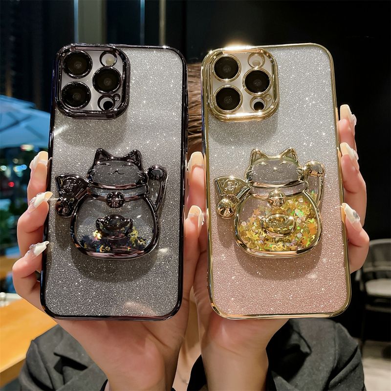Custodia per telefono Flowing Sand Electroplated Wealth Cat adatta per iPhone 11, 12, 13, 14, 15 Pro Max con pellicola per obiettivo integrata_voghion.com