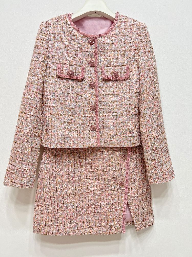 Giacca corta in lana rosa, stile profumato, con scollo rotondo e colletto a U diviso, stile mille oro, abito da sera elegante_voghion.com