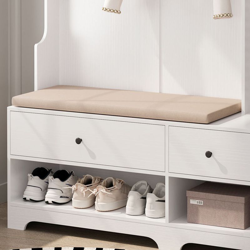 Multi-purpose Hallway Hall Tree With Removable Linen Cushioned Entryway Bench, Coat Rack, Storage Shelves, And DIY Pegboard,for Hallways, Living Room, White_voghion.com