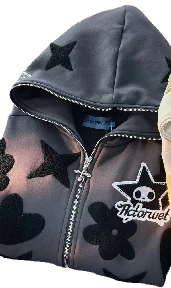2023 New Star Pattern Print Full Face Zipper Harajuku Zip-Up Hoodie Sweatshirt Jacket_voghion.com