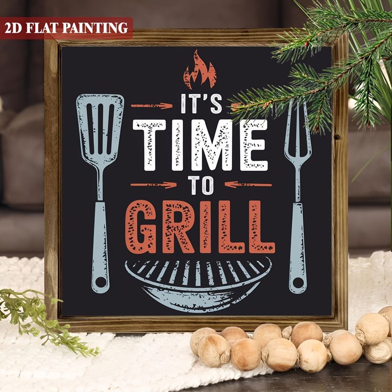 Placa rústica de madeira "É hora de grelhar" - Arte para churrasco de 20x20 cm. Perfeita para cozinha, quintal ou como presente de verão._voghion.com