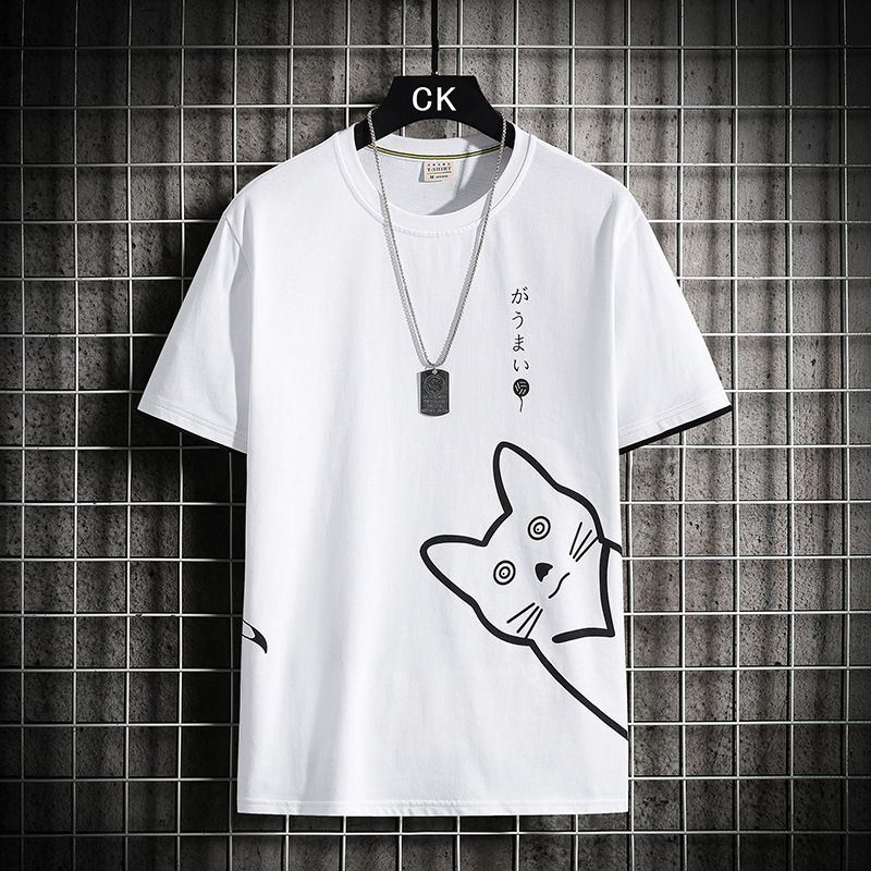 Student Loose Round Neck Sleeved Summer New Big Boy Pure Cotton Printed Short T-Shirt For Men_voghion.com