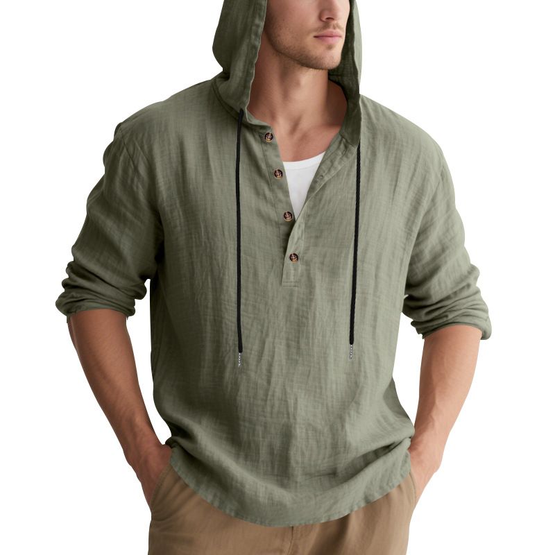Lente en herfst lang mouwen linnen overhemd heren capuchon casual losse T-shirt trui heren_voghion.com