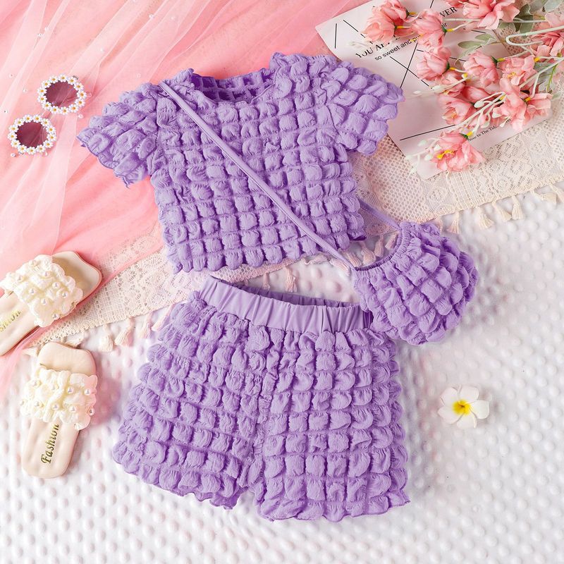 Ensemble d'été pour enfants, haut à manches courtes + short + sac à carreaux à bulles solides, couleur bonbon, ensemble pour filles_voghion.com