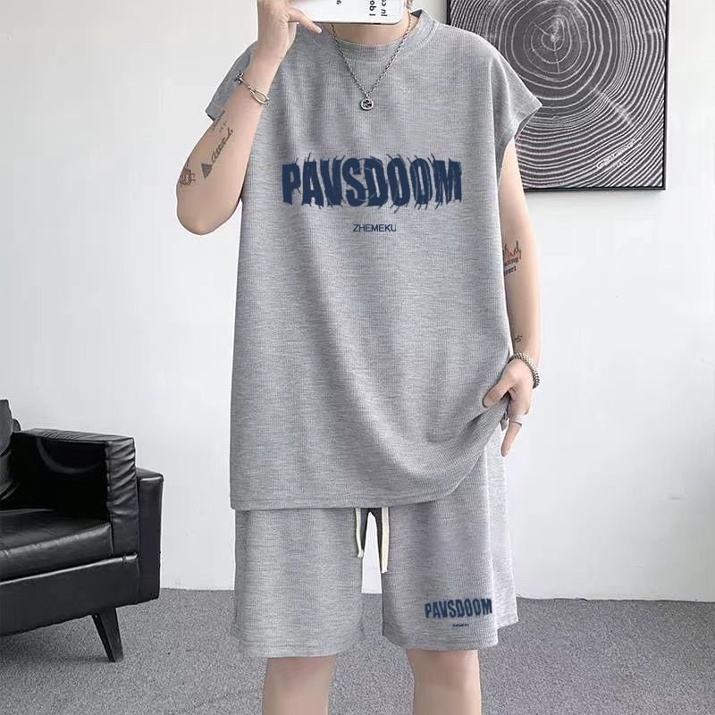 Summer new plus size men's sports suit Waffle trendy sleeveless vest t-shirt versatile casual two-piece set 12_voghion.com