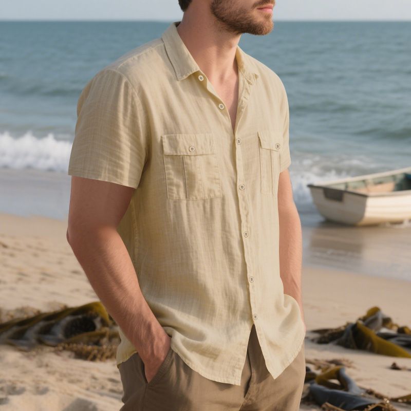 Herren Sommerhemd, amerikanisch, locker, Strand, atmungsaktiv, lässig, Leinen, mehrere Taschen, geknöpft, Arbeitskleidung, kurzärmelig_voghion.com