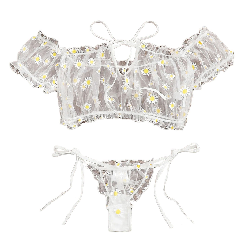 Women Perspective Lingerie Set Embroidery Lace Bowknot Strapless Bra Thong Set Temptation Underwear Sleepwear Nightwear_voghion.com
