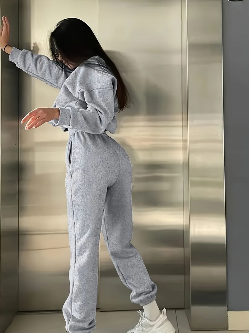 Completo due pezzi con stampa di lettere chic per donna - Felpa girocollo in poliestere e pantaloni della tuta comodi, lavabili in lavatrice_voghion.com