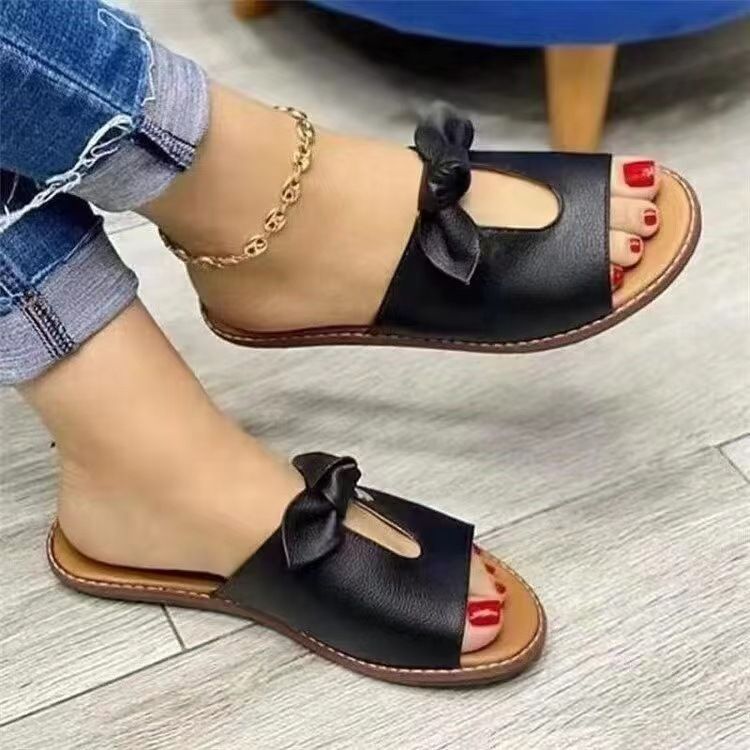 New Summer Women's With Bow Decoration Wide Strip Slippers Solid Color Large Flat Sandals_voghion.com