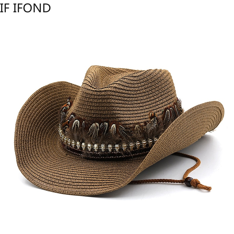 Chapeau de cowboy occidental en paille fait à la main pour femmes et hommes, chapeau d'été à bord bouclé, chapeaux de soleil de plage, casquette de jazz Panama Cowgirl_voghion.com