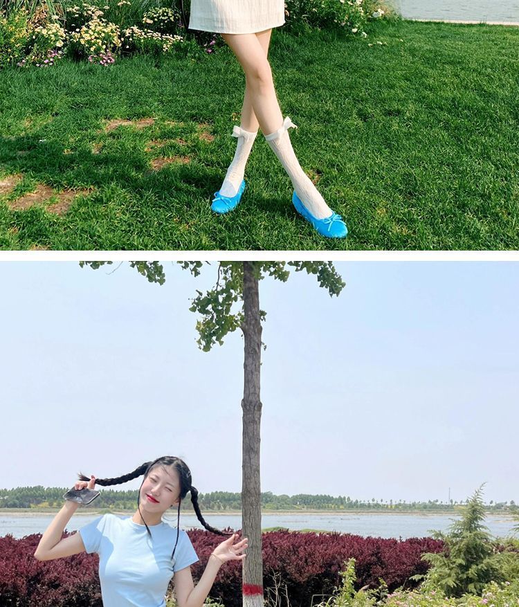 Ballerines bleues simples pour femmes, chaussures plates à tête ronde en soie avec nœud français, pour enfants, été 2025_voghion.com