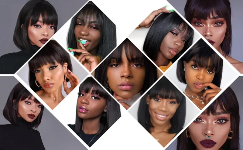 Brazilian Short Straight Hair Bob Wigs Human Hair Wig With Bangs Remy Full Machine Made Wig for Women Non Lace Glueless Bob Wig_voghion.com