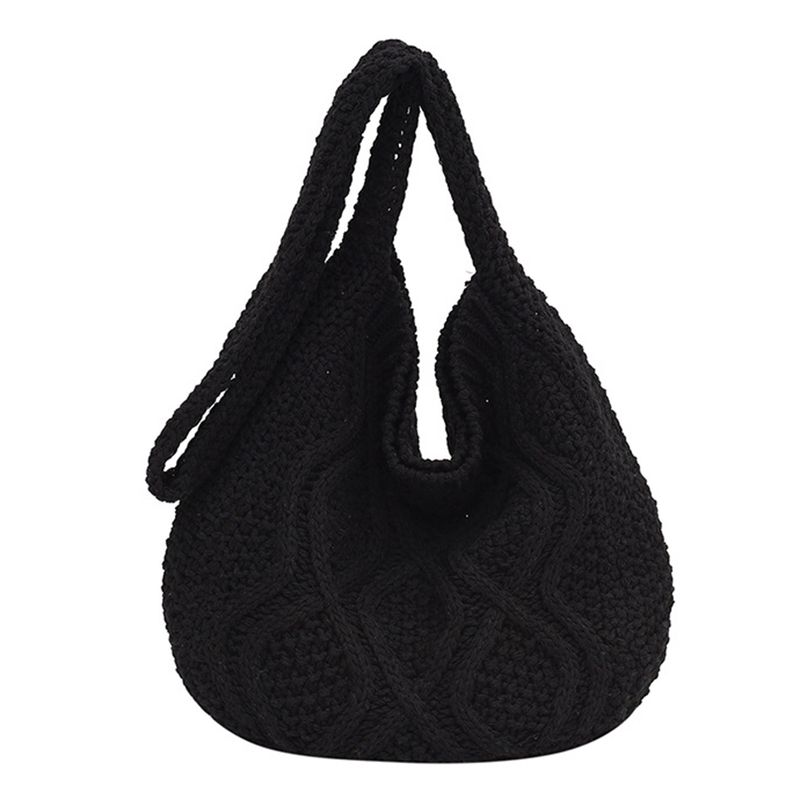 Lihao Women Shoulder Twist Pattern Crochet Solid Color Large Capacity Shopping Tote Bag for Travel-Dark Brown_voghion.com