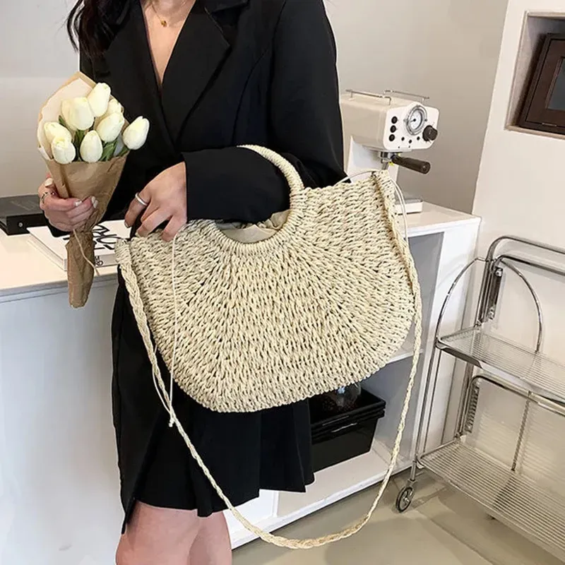 Strohgewebte Handtaschen für Frauen, handgefertigt, für Reisen, Strandtasche, Sommergriff, Eimer, Einkaufskorb, 250225l_voghion.com