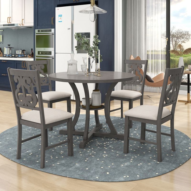 5-Piece Round Dining Table and 4 Fabric Chairs with Special-shaped Table Legs and Storage Shelf_voghion.com