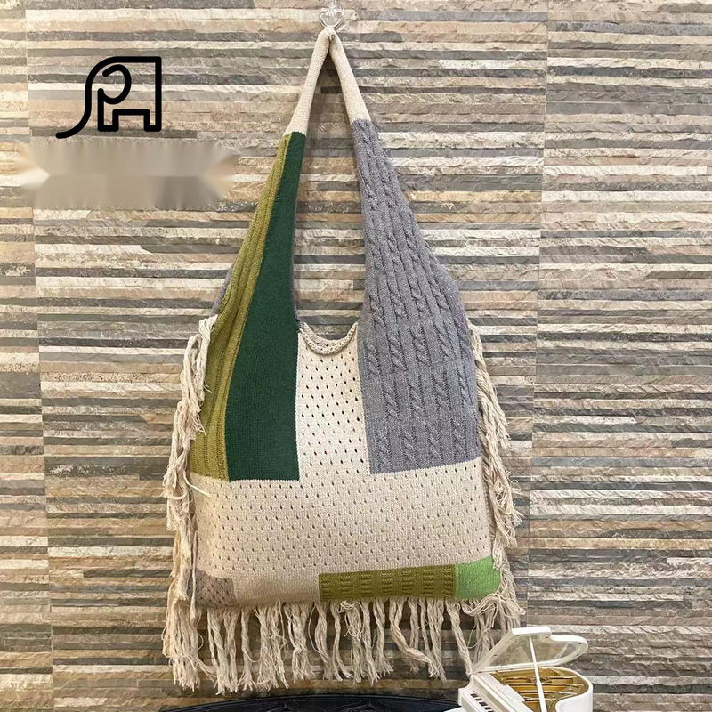 New Cross Border Tassel Women's Splicing Knitted Handheld Shoulder Bag Hot Selling Simple And Versatile Retro Knitted Bag_voghion.com