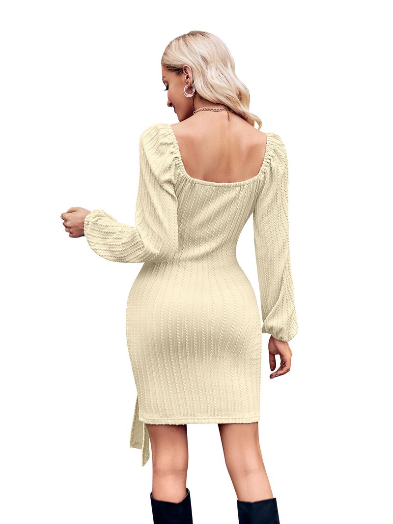 Abito da donna aderente in vita tinta unita con scollo a V e vestibilità slim_voghion.com