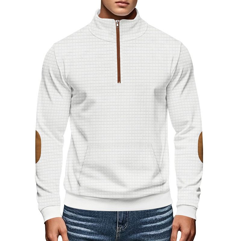 American Style Autumn Winter Men's Casual Sweatshirt Jacquard Small Square Embroidery Patchwork Stand Collar Loose Top_voghion.com