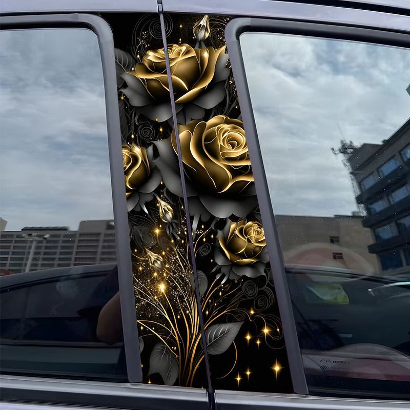 Embellecedor de ventana de coche con diseño de rosa dorada negra y columna central, antiarañazos, decoración creativa personalizada, pegatina para pilar B_voghion.com